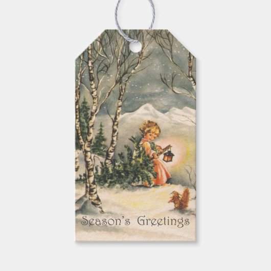 Grußmädchen der Vintagen Jahreszeit Geschenkanhänger (Vorderseite)