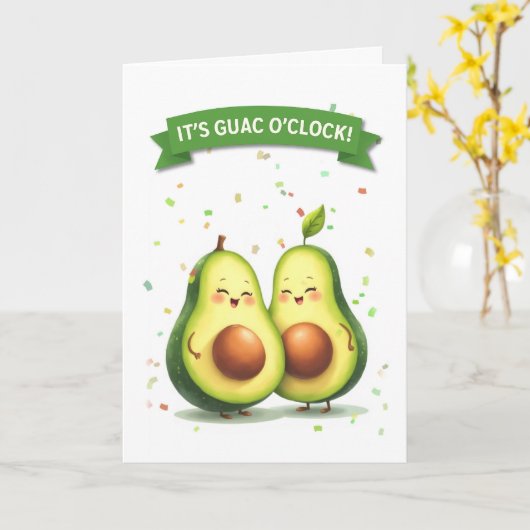 Guacamole Day Niedlich Avocado Couple mit Banner Karte (Gelbe Blume)