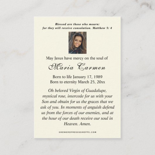 Guadalupe Jungfrau Mary Beerdigung Gedenkgebet Platzkarte (Rückseite)