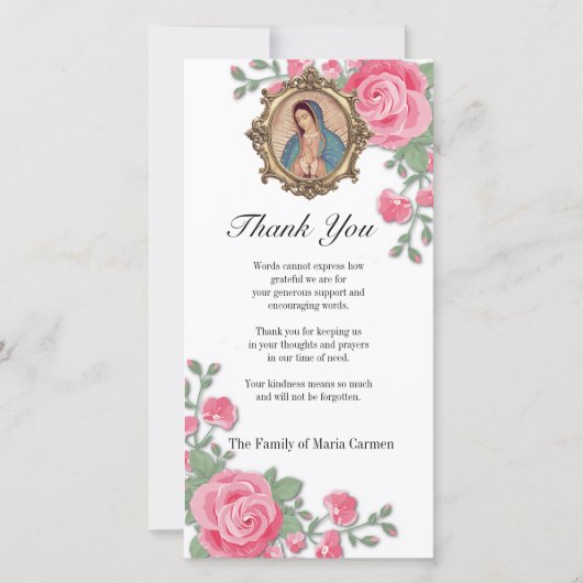 Guadalupe Jungfrau Mary Funeral Beileid Spanisch Dankeskarte (Vorderseite)