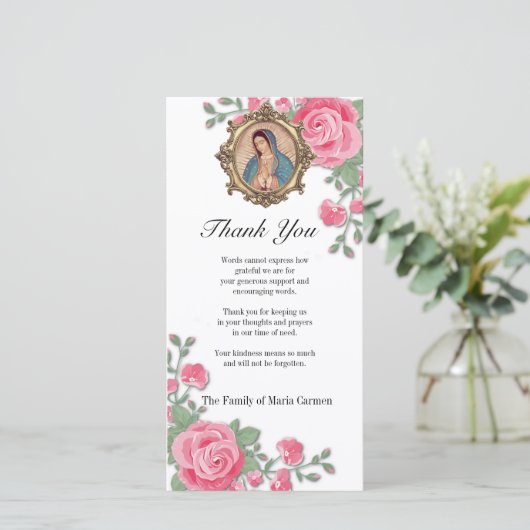 Guadalupe Jungfrau Mary Funeral Beileid Spanisch Dankeskarte (Stehend Vorderseite)