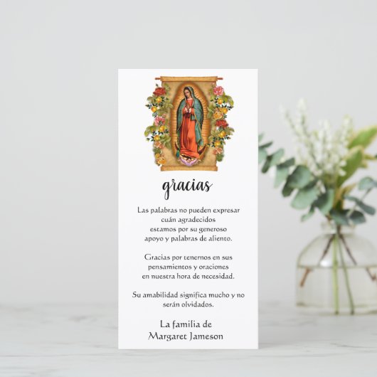 Guadalupe Jungfrau Mary Funeral Beileid Spanisch Dankeskarte (Stehend Vorderseite)