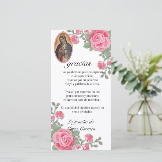 Guadalupe Jungfrau Mary Funeral Beileid Spanisch Dankeskarte (Stehend Vorderseite)