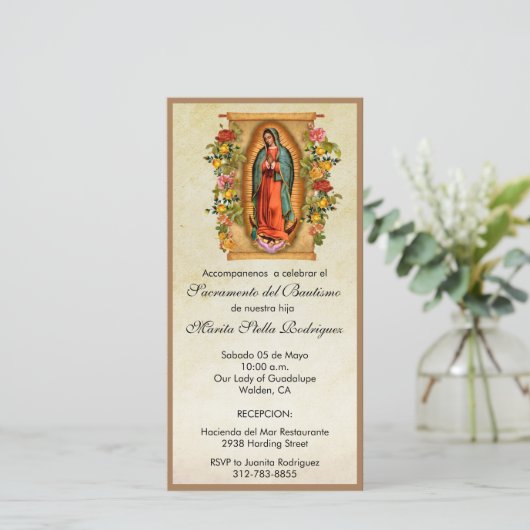 Guadalupe Jungfrau Mary Spanish Taufe Christening Dankeskarte (Stehend Vorderseite)