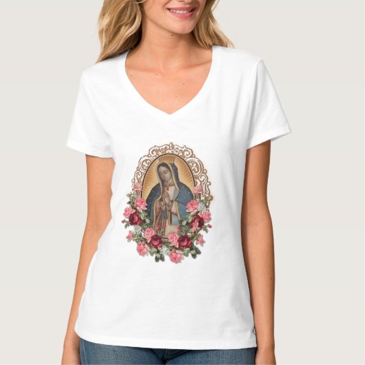Guadalupe Spanisch Katholische Rose Jungfrau Mary T-Shirt (Vorderseite)
