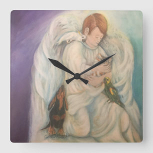 Guardian  Angel Boy with pets Square wall clock Quadratische Wanduhr