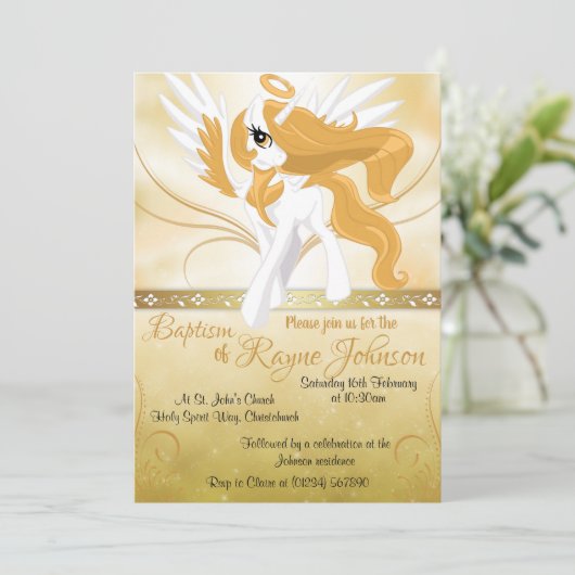 Guardian Angel Winged Unicorn Taufe Einladung (Stehend Vorderseite)