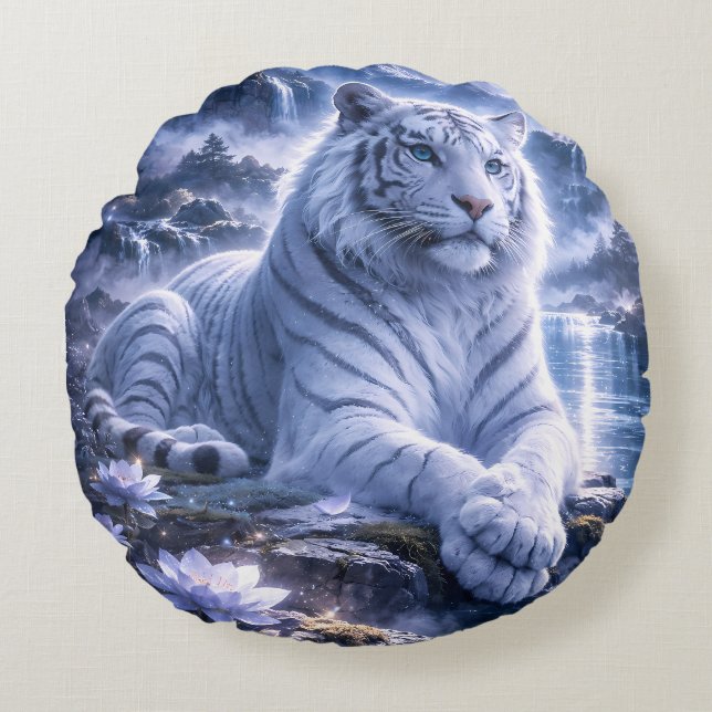 Guardian White Tiger – Silent Strength and Gentle  Rundes Kissen (Vorderseite)