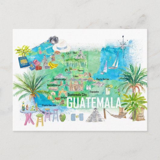 Guatemala Illustrierte Reisekarte mit Straßen Postkarte (Vorderseite)