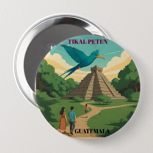 GUATEMALA, TIKAL PETEN Retro poster Button (Vorne & Hinten)