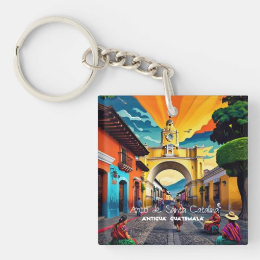 Guatemala Travel Vintage Poster Antigua Schlüsselanhänger (Vorderseite)