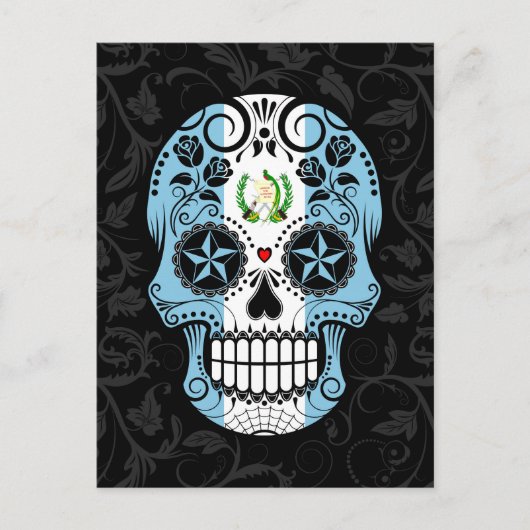 Guatemaltekischer Flaggenzuckerschädel mit Rose Postkarte (Vorderseite)
