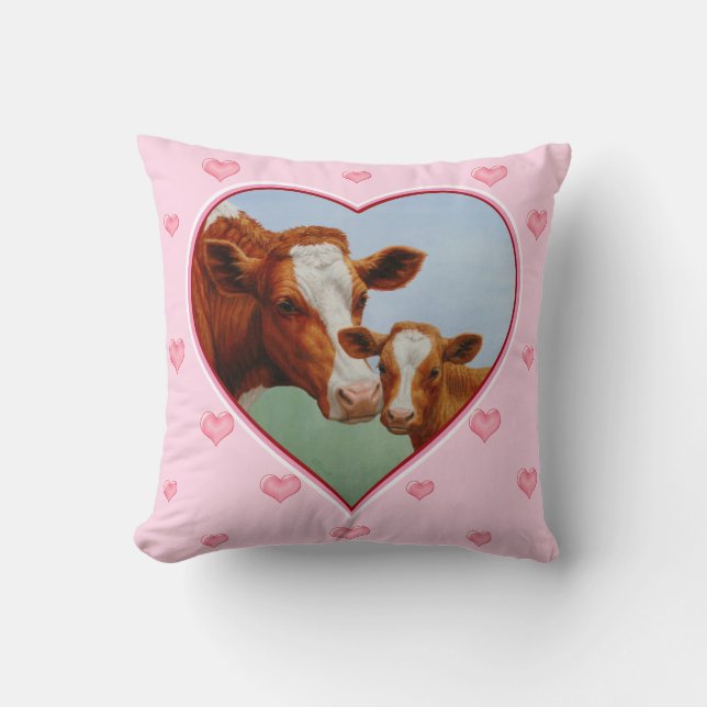 Guernsey Kuh & Calf Light Pink Hearts Kissen (Vorderseite)