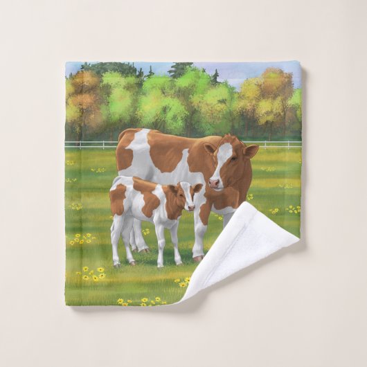 Guernsey Kuh & Niedlich Calf im Sommer Weide Badhandtuch Set (Waschlappen)