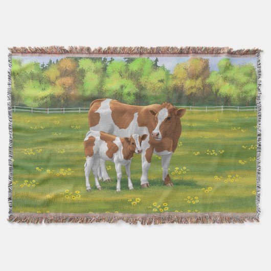 Guernsey Kuh & Niedlich Calf im Sommer Weide Decke (Vorderseite)