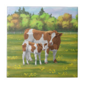 Guernsey Kuh & Niedlich Calf im Sommer Weide Fliese (Vorderseite)