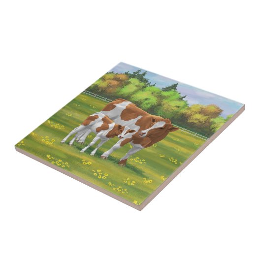 Guernsey Kuh & Niedlich Calf im Sommer Weide Fliese (Seite)