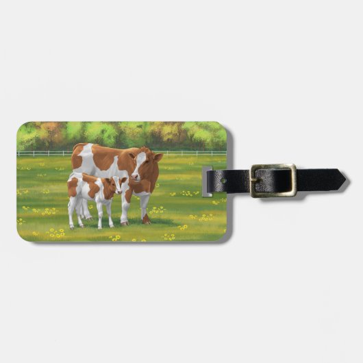 Guernsey Kuh & Niedlich Calf im Sommer Weide Gepäckanhänger (Vorderseite horizontal)