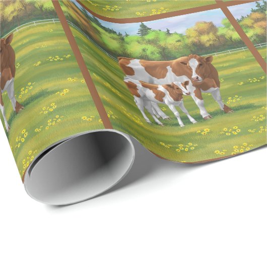 Guernsey Kuh & Niedlich Calf im Sommer Weide Geschenkpapier (Rolleneckpunkt)