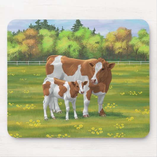 Guernsey Kuh & Niedlich Calf im Sommer Weide Mousepad (Vorne)