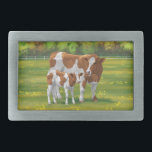 Guernsey Kuh & Niedlich Calf im Sommer Weide Rechteckige Gürtelschnalle<br><div class="desc">Die Rasse von Guernsey bekommt ihren Namen von der Insel Guernsey auf den Kanalinseln. Es kann von hellbräunlich und weiß bis hin zu rötlich-braun und weiß reichen. Dieses braune und weiße Muster hat oft ein dem Holstein ähnliches Spotting-Muster, ist aber braun anstatt schwarz. Sie sind eine beliebte Rasse von Milchvieh,...</div>