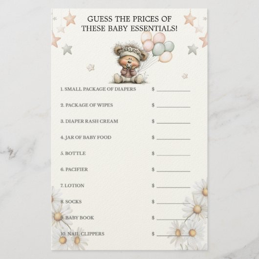 Guess the Price Whimsical Teddy Bear Baby Shower  Briefpapier (Vorderseite)
