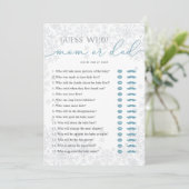 Guess Who? Mom or Dad Baby Shower Game Card Hinweiskarte (Stehend Vorderseite)