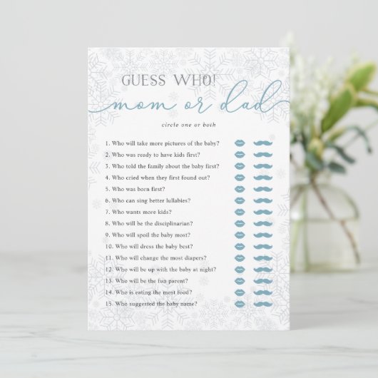 Guess Who? Mom or Dad Baby Shower Game Card Hinweiskarte (Stehend Vorderseite)