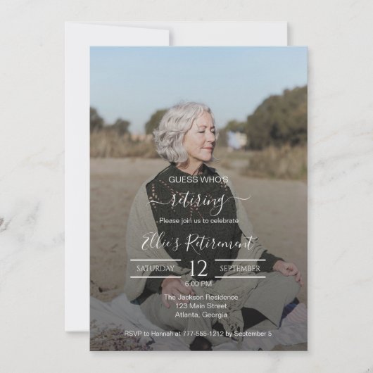 Guess Who Retired Female Script Photo Invitation Einladung (Vorderseite)