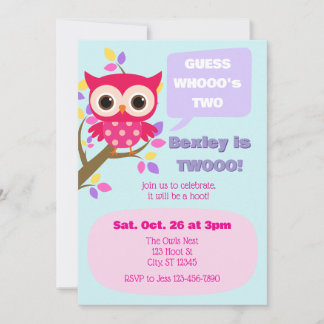 Guess Who's Two, Pink Owl 2nd Birthday Einladung