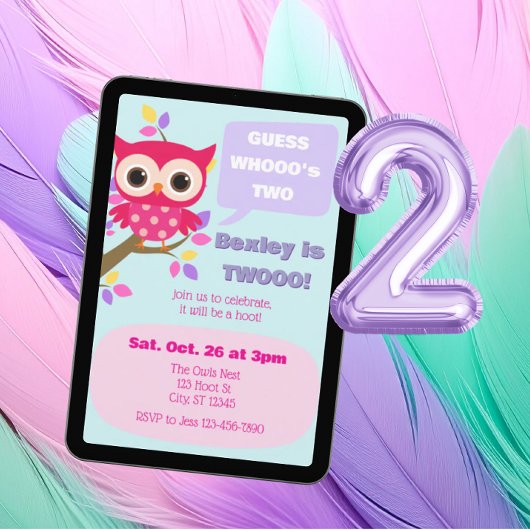 Guess Who's Two, Pink Owl 2nd Birthday Einladung