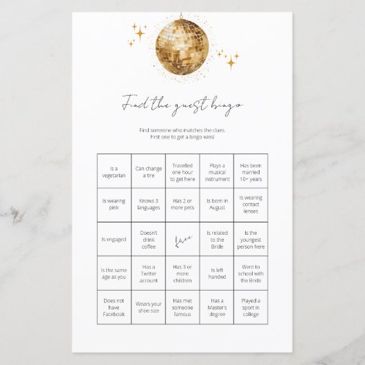 Guest Bingo Disco Ball Brautparty Game (Vorderseite)