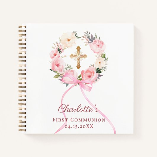 Guest book First Communion floral wreath pink bow Notizblock (Vorderseite)