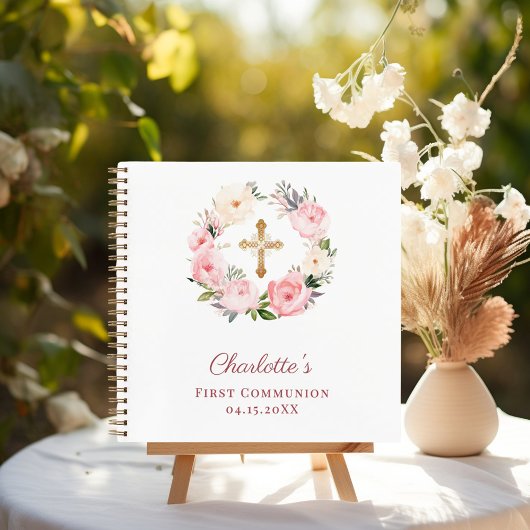 Guest book First Communion floral wreath pink Notizblock