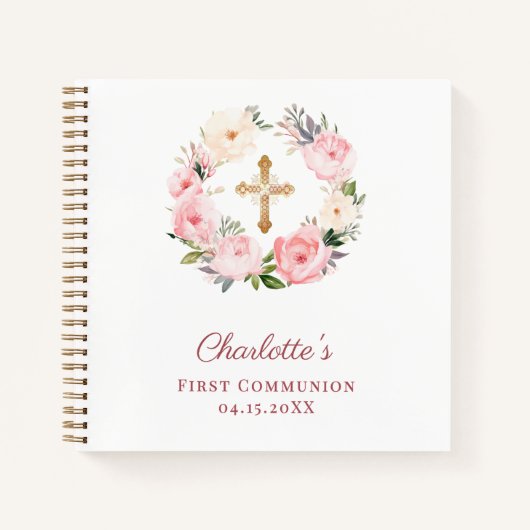 Guest book First Communion floral wreath pink Notizblock (Vorderseite)