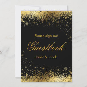 Guest Book Sign - Stylish Black and Gold Snowflake Feiertagskarte
