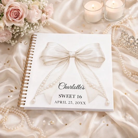 Guest book Sweet 16 bow ivory white pearls Notizblock