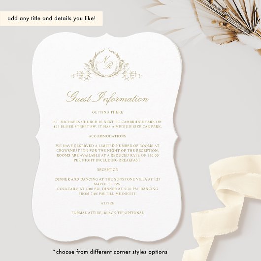 Guest Information Card Elegante Champagne Monogram Einladung