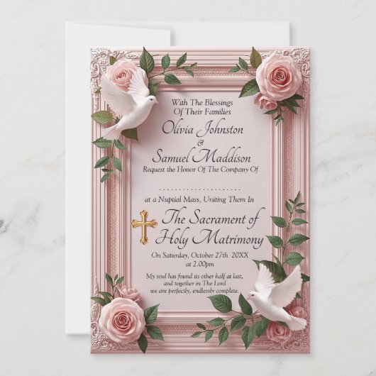 Guest Names, Christian Pink Roses & Doves Wedding Einladung (Vorderseite)