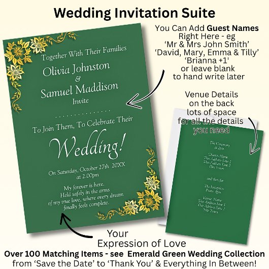 Guest Names, Emerald Green & Gold Wedding Einladung