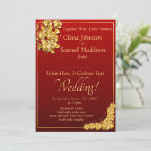 Guest Names, Gold Roses Maroon Red Wedding  Einladung (Stehend Vorderseite)
