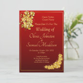 Guest Names, Gold Roses Maroon Red Wedding Einladung (Stehend Vorderseite)