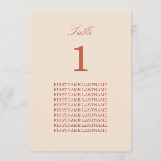 Guest Names Terracotta Script Table Card (Vorderseite)