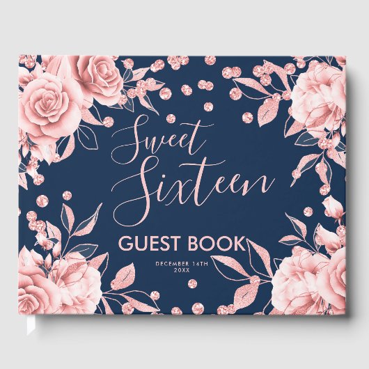 Guestbook Rose Gold Navy Sweet 16 Glitzer Confett Gästebuch (Vorderseite)