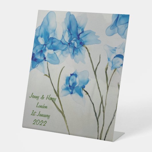 Guestbook Wedding Blue Flowers Hand Fan Sockelschild (Vorderseite)