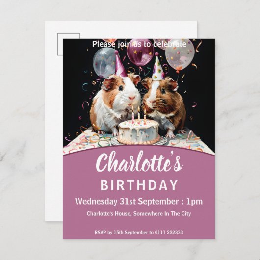 Guinea Pig Geburtstagsparty Einladungspostkarte (Vorne/Hinten)