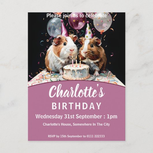 Guinea Pig Geburtstagsparty Einladungspostkarte (Vorderseite)