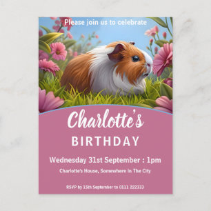 Guinea Pig & Pink Blume Geburtstagsparty Einladungspostkarte