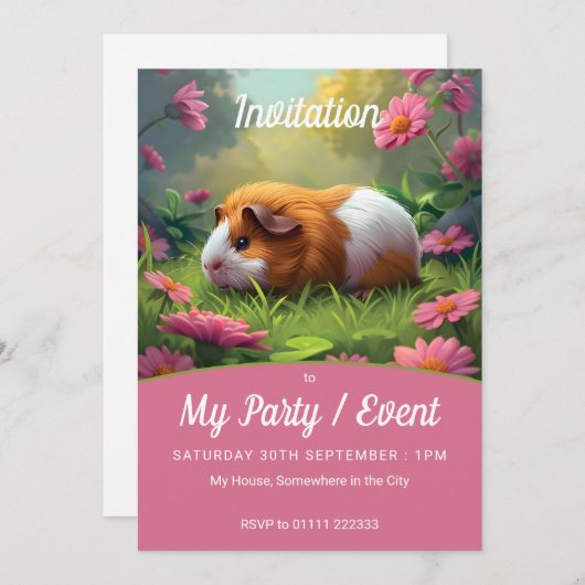 Guinea Pig & Pink Blume Party / Veranstaltung Einladung (Vorne/Hinten)