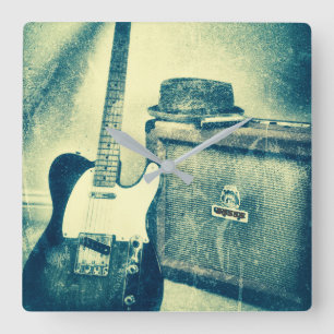 Guitar Amp Harmonica Bluesman Clock Quadratische Wanduhr